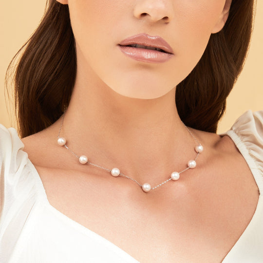 White  Akoya Pearl Tin Cup Necklace - 7.0-8.0mm