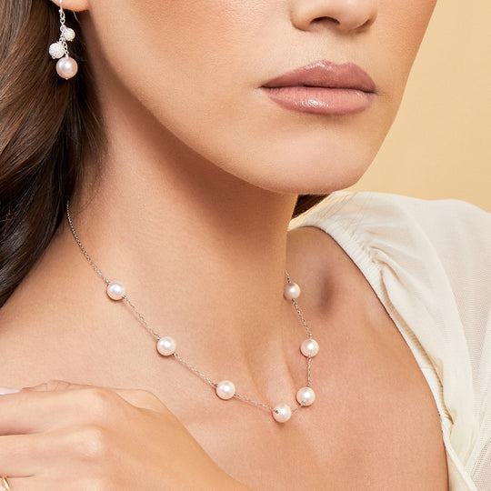 White  Akoya Pearl Tin Cup Necklace - 7.0-8.0mm