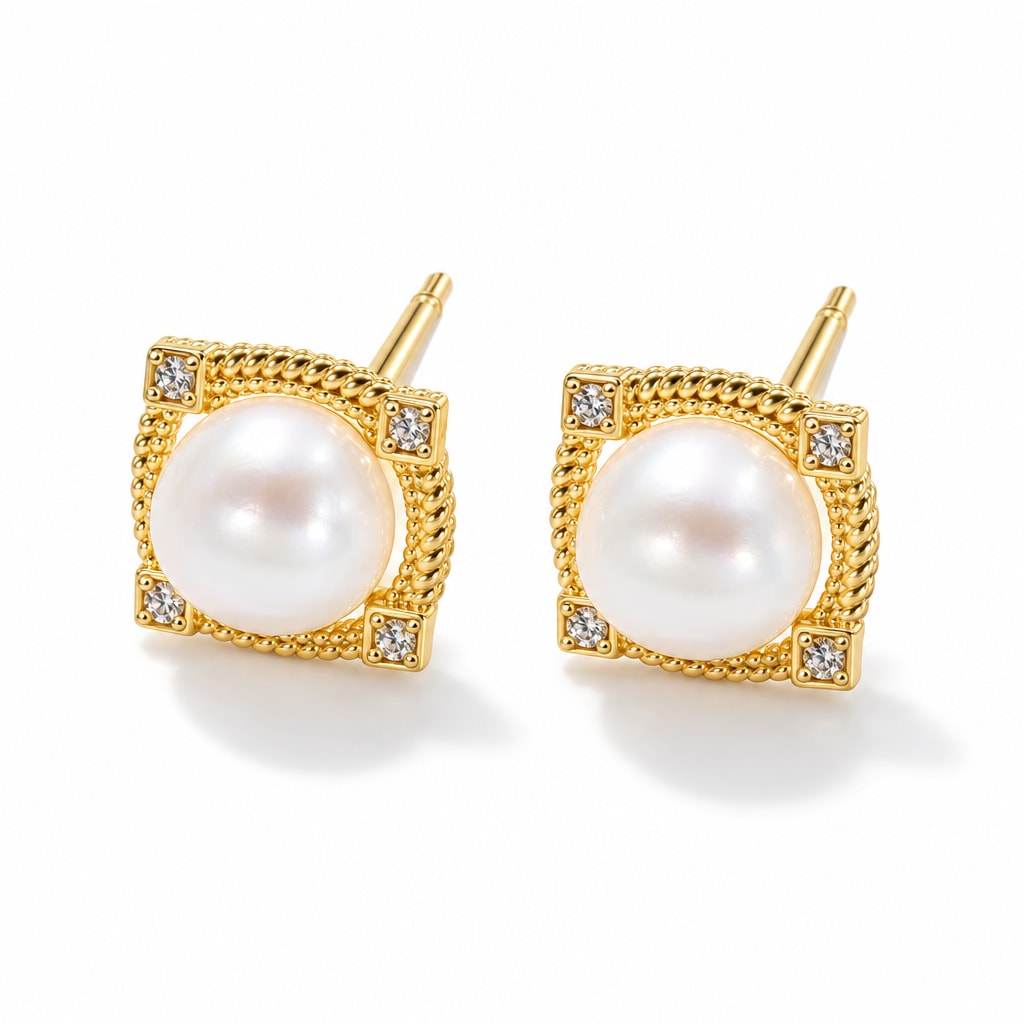 Agatha pearl earrings, 7-8mm white button pearls in square rope-textured frames with corner crystals