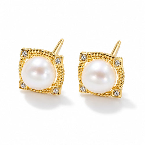 Agatha pearl earrings, 7-8mm white button pearls in square rope-textured frames with corner crystals