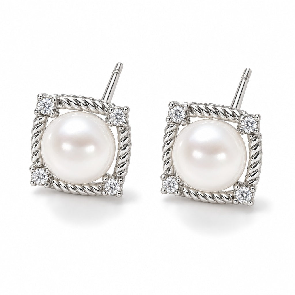 Agatha pearl earrings, 7-8mm white button pearls in square rope-textured frames with corner crystals - second finish
