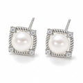 Agatha pearl earrings, 7-8mm white button pearls in square rope-textured frames with corner crystals - second finish