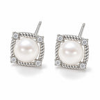 Agatha pearl earrings, 7-8mm white button pearls in square rope-textured frames with corner crystals - second finish