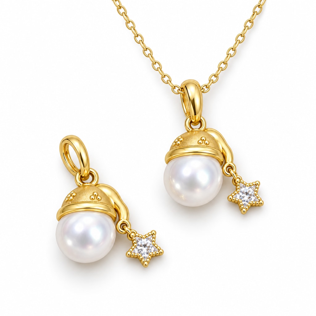 Agnes gold-plated cap pearl pendant necklace with a star charm and round white pearl on white background