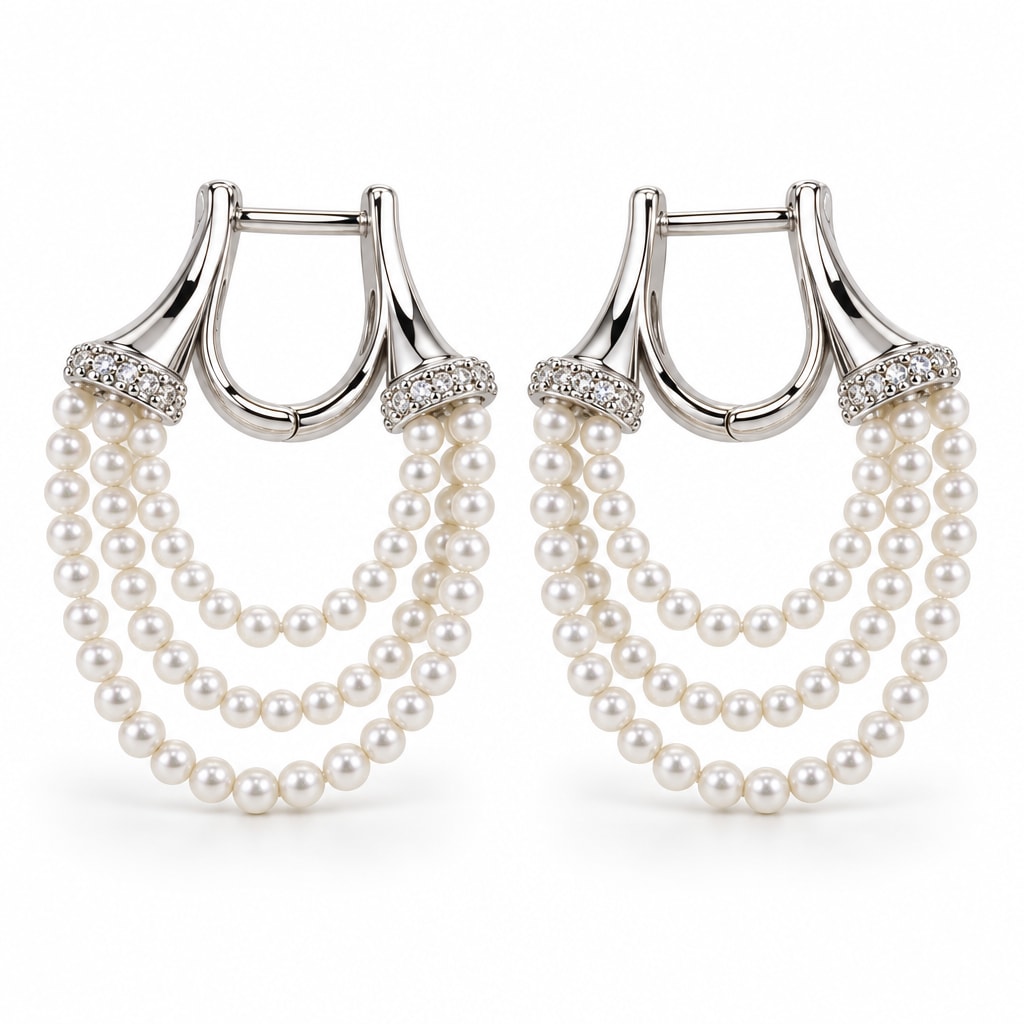 Aimee seed pearl swag huggie earrings, three strands of 3-4mm white freshwater seed pearls draped from hinged hoops