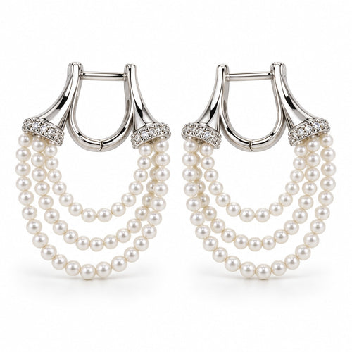 Aimee seed pearl swag huggie earrings, three strands of 3-4mm white freshwater seed pearls draped from hinged hoops