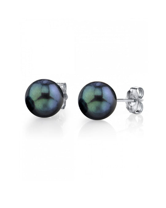 Black Akoya Round Pearl Stud Earrings 7.0-8.0mm