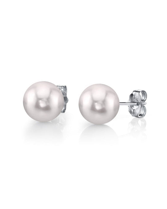 White Japanese Akoya Round Pearl Stud Earrings 7.0-8.0mm