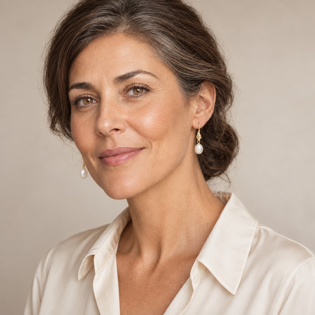 Woman in her thirties wearing the Alba pearl hook earrings, hair down