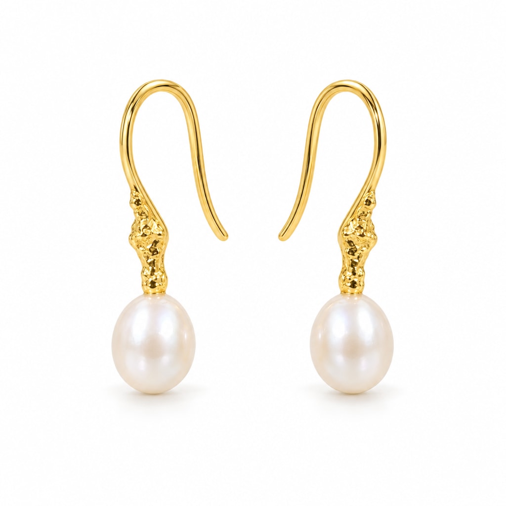 Alba pearl earrings, 7-8mm white rice pearls hanging from shepherd's hooks with small textured accents