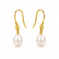 Alba pearl earrings, 7-8mm white rice pearls hanging from shepherd's hooks with small textured accents