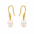 Alba pearl earrings, 7-8mm white rice pearls hanging from shepherd's hooks with small textured accents