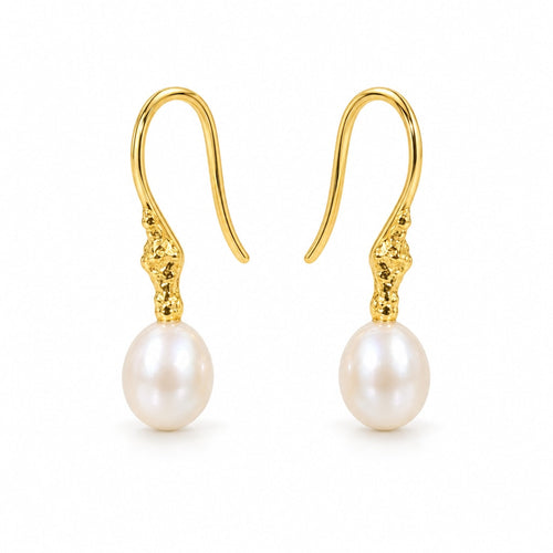 Alba pearl earrings, 7-8mm white rice pearls hanging from shepherd's hooks with small textured accents
