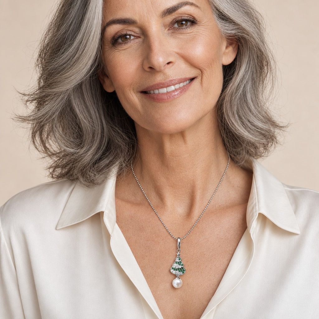Woman wearing the Alma Christmas tree pearl pendant necklace at the sternum over a cream cable-knit sweater