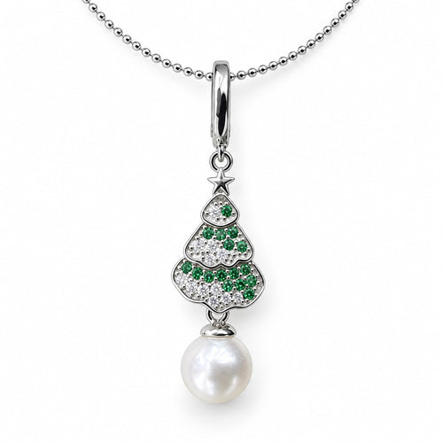 Alma Christmas tree pendant necklace with green and clear crystals and a white pearl in gold-plated silver on white