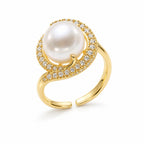 Amara pavé swirl halo pearl ring in gold-plated sterling silver on white background