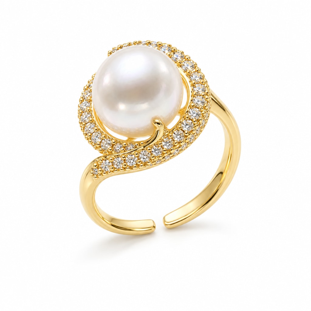 Amara pavé swirl halo pearl ring in gold-plated sterling silver on white background