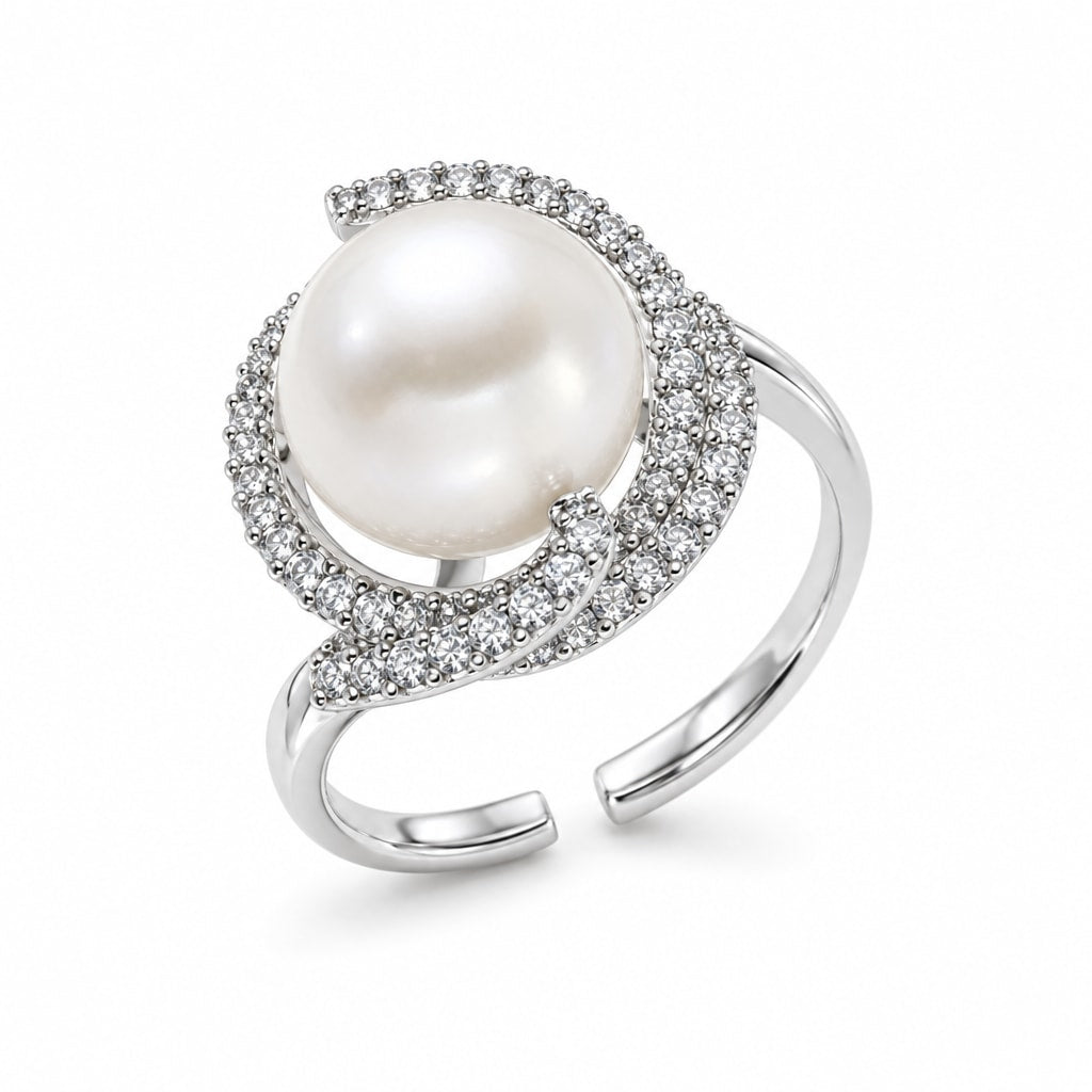 Amara pavé swirl halo pearl ring in gold-plated sterling silver on white background - second finish