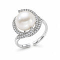Amara pavé swirl halo pearl ring in gold-plated sterling silver on white background - second finish