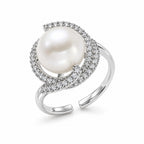 Amara pavé swirl halo pearl ring in gold-plated sterling silver on white background - second finish