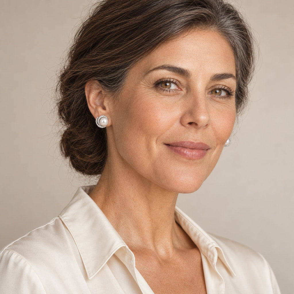Woman in her fifties wearing the Annika pavé halo pearl stud earrings, hair tucked behind her ear