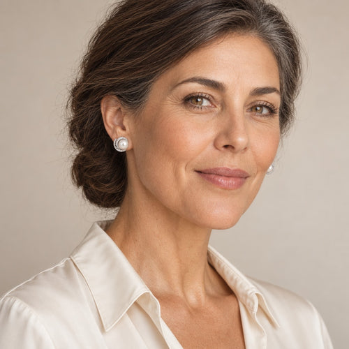 Woman in her fifties wearing the Annika pavé halo pearl stud earrings, hair tucked behind her ear