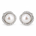 Annika pavé swirl halo pearl stud earrings, 7-8mm white freshwater pearls in sterling silver