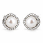 Annika pavé swirl halo pearl stud earrings, 7-8mm white freshwater pearls in sterling silver