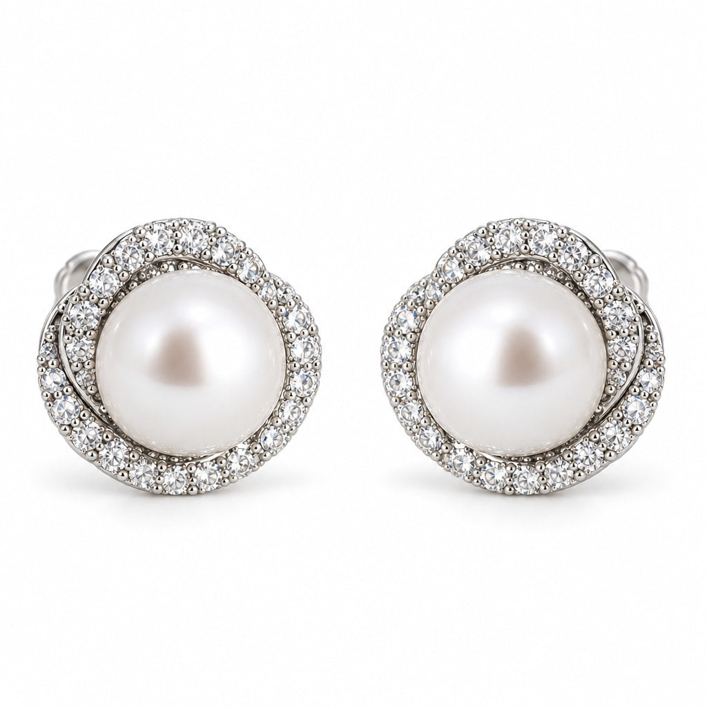 Annika pavé swirl halo pearl stud earrings, 7-8mm white freshwater pearls in sterling silver