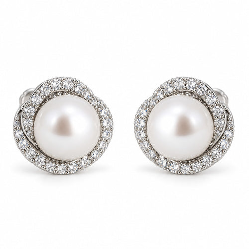 Annika pavé swirl halo pearl stud earrings, 7-8mm white freshwater pearls in sterling silver