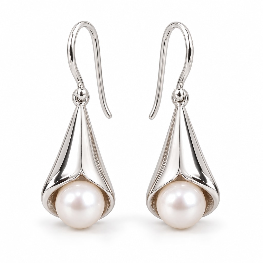Anouk calla lily pearl drop earrings, 7-8mm white freshwater pearls inside polished cone drops on French hooks