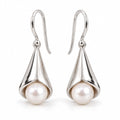 Anouk calla lily pearl drop earrings, 7-8mm white freshwater pearls inside polished cone drops on French hooks