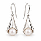 Anouk calla lily pearl drop earrings, 7-8mm white freshwater pearls inside polished cone drops on French hooks