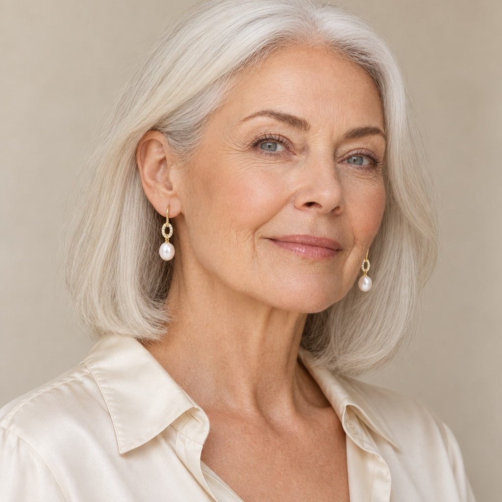 Woman in her forties wearing the Antonia pavé ring pearl hook earrings, hair tucked behind her ear