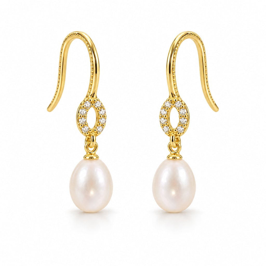 Antonia pearl earrings, 7-8mm white rice pearls hanging from small pavé rings on shepherd's hooks