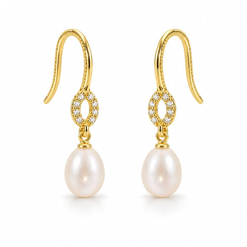 Antonia pearl earrings, 7-8mm white rice pearls hanging from small pavé rings on shepherd's hooks