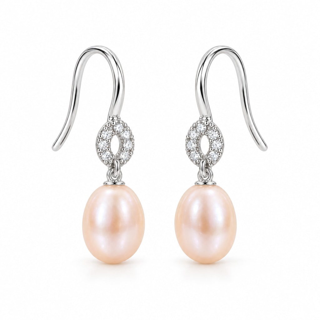 Antonia pearl earrings, 7-8mm white rice pearls hanging from small pavé rings on shepherd's hooks - second finish