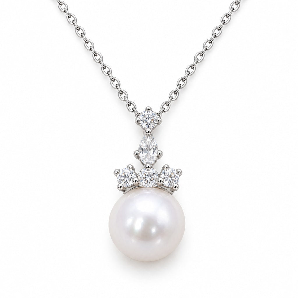 Astrid crystal cluster freshwater pearl pendant necklace in sterling silver on white background