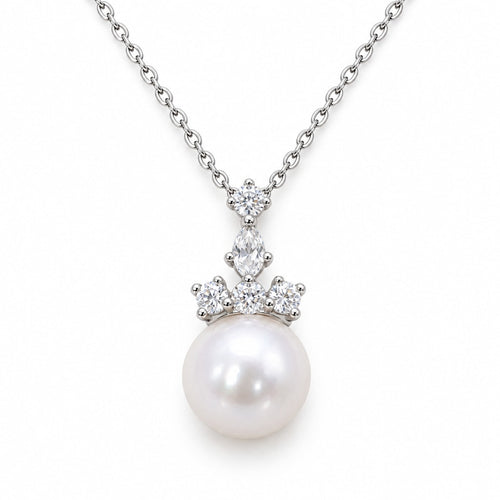 Astrid crystal cluster freshwater pearl pendant necklace in sterling silver on white background