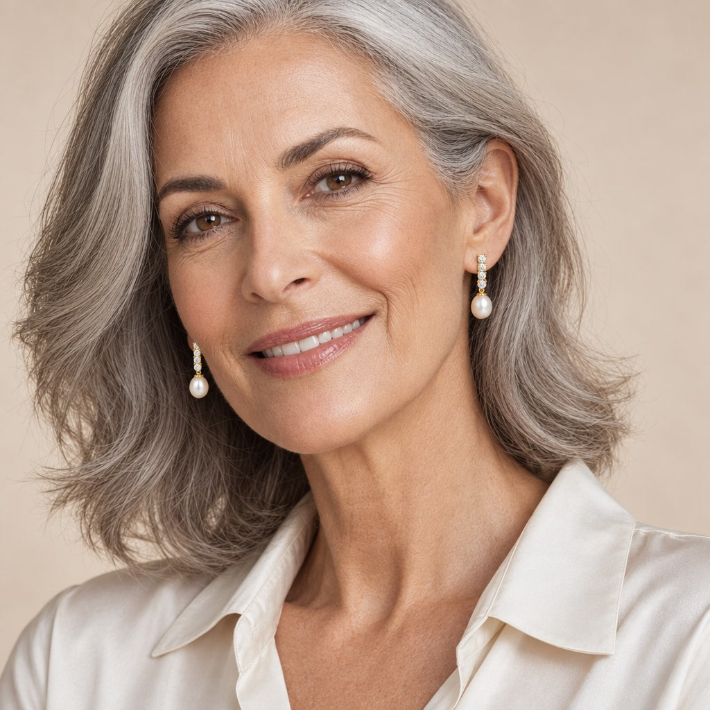 Woman in her fifties wearing the Aurora graduated bar pearl earrings, hair up