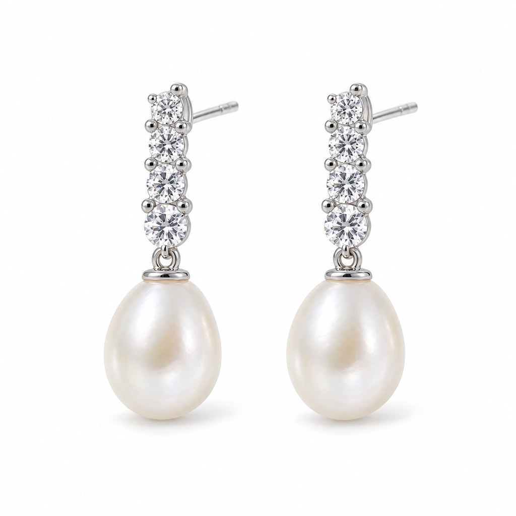 Aurora pearl earrings, graduated four-crystal bars with 7-8mm white rice pearls beneath - second finish