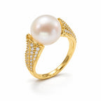 Ayla pavé shoulder pearl ring in gold-plated sterling silver on white background