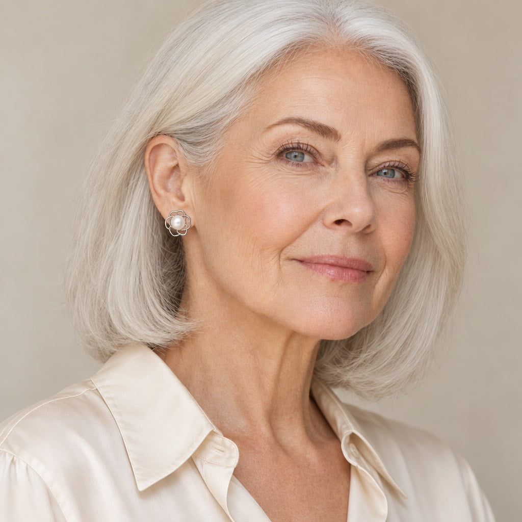 Woman in her forties wearing the Beatrix openwork flower pearl studs, hair pinned half up