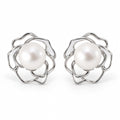 Beatrix openwork flower pearl stud earrings, 7-8mm white freshwater pearls in polished sterling silver