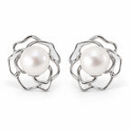 Beatrix openwork flower pearl stud earrings, 7-8mm white freshwater pearls in polished sterling silver