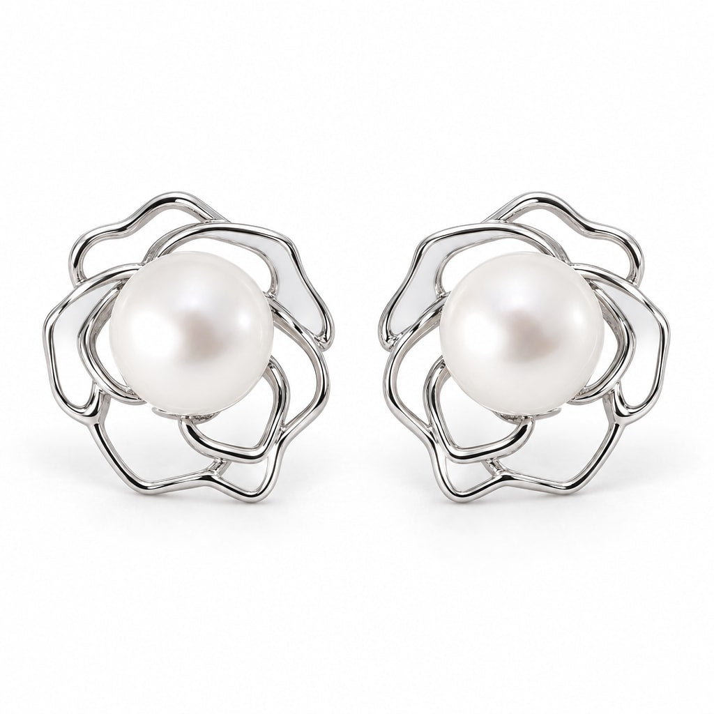 Beatrix openwork flower pearl stud earrings, 7-8mm white freshwater pearls in polished sterling silver
