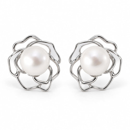 Beatrix openwork flower pearl stud earrings, 7-8mm white freshwater pearls in polished sterling silver