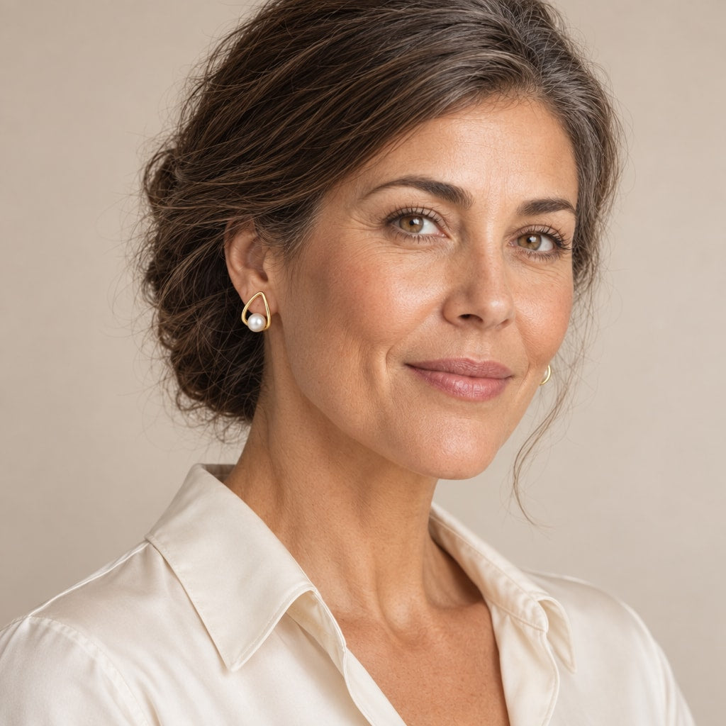 Woman in her forties wearing the Benedetta open teardrop pearl studs, hair up