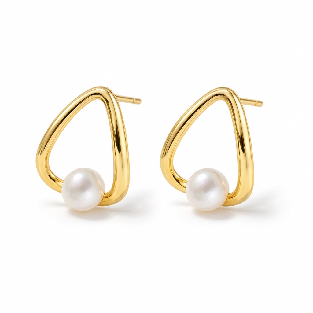 Benedetta pearl earrings, white button pearls inside open teardrop wire frames