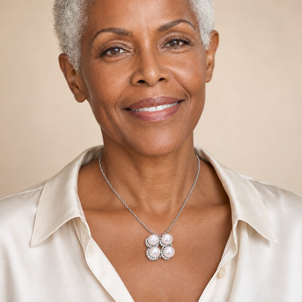 Woman wearing the Birgitta four-pearl pendant necklace at the sternum with a black boat-neck top